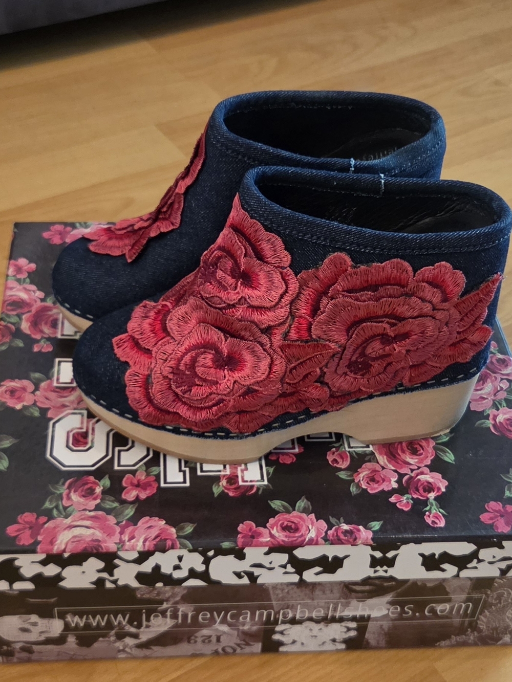 Jeffrey Campbell Rose Embroidered Denim Low Ankle